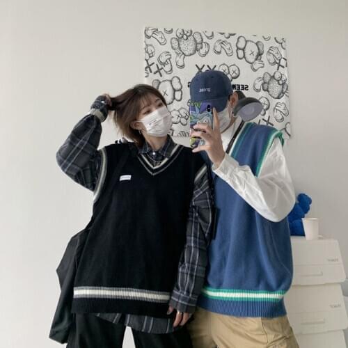 Sweater Vest Men V-neck Shrug Patchwork Knitted Couples Ins Plus Size 3XL Oversize Harajuku Vests Ins Chic Korean Style Leisure