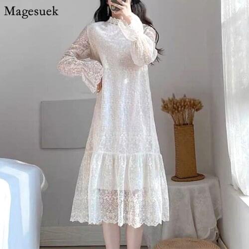 2021 Autumn Winter Fairy Lace Women Dresses Party A-Line Flare Sleeve Midi Dress Women Bodycon Elegant White Dress Vestido 12044
