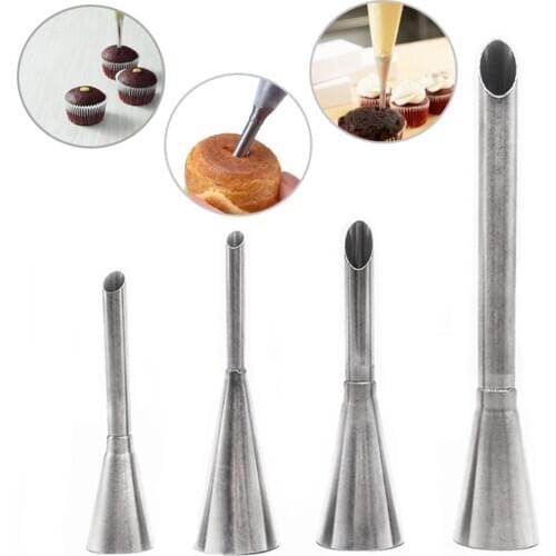 4pcs Cream Icing Piping Tips Stainless Steel Puff Nozzles Cupcake Filling Tubes Pastry Injector Syringe Piping Tips