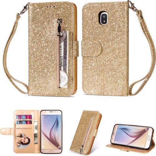 50pcs/lot Glitter Zipper bag 3 card+photo frame protective cover case for Samsung Galax J3 J4 J6 J7 2018 leather cover case