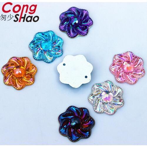 Cong Shao 100PCS 20mm AB Color Flowers Acrylic Rhinestone Crystal Stones For Clothing Craft Button DIY Sewing 2 Hole CS549