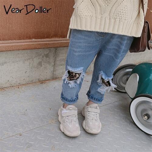 VearDoller Girls Denim Pants Fashion Leopard Patchwork Kids Ripped Jeans for Girl 2-8Years Childrens Clothing Baby Girl Jeans