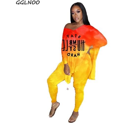 GGLNOO Plus Size Two Piece Sets Women Autumn Loose Gradient Letter Print Lounge Set Split V Neck Tops Pants Matching Set GG23141