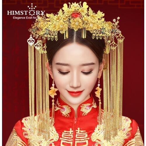 HIMSTORY New Vintage Chinese Wedding Hair Accessories Gold Long Tassel Hair Sticks Butterfly Bridal Princess Hairpins set