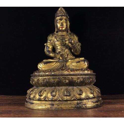 9"Chinese temple collection Old Bronze Cinnabar Lacquer Guanyin Bodhisattva Lotus Terrace Sitting Buddha Ornaments Town House