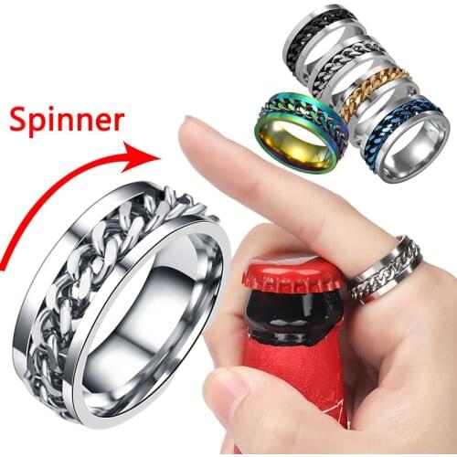 Ins Fashion Women Rotatable Chain Link Mens Spinner Ring Stainless Steel Chain Link Mens Titanium Steel Corkscrew Ring Gift