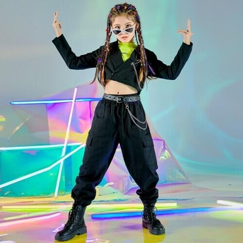 Fashion Kids Hip Hop Clothes For Girls Black Hiphop Suit Jazz Dance Costumes Ballroom Rave Clothes Street Dance Outfits DN7179