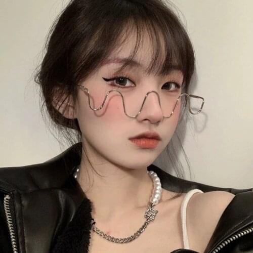 Fashion Handmade Diamond Half-frame Glasses Womens Trendy Metal Wave Frameless Decorative Glasses Frame S fake glasses