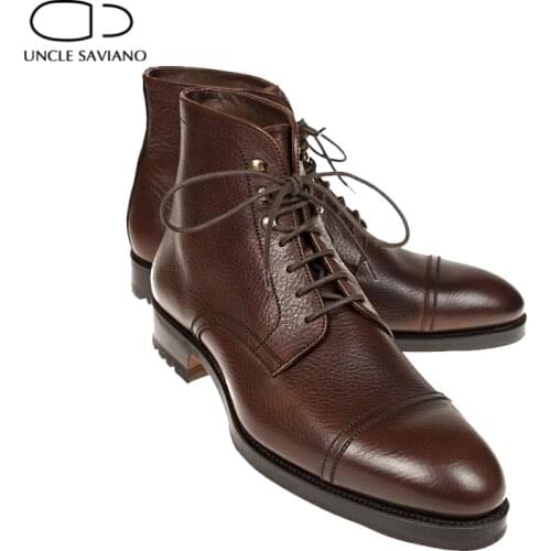 Uncle Saviano Lace Up Winter Mens Boots Shoes Add Velvet Work Boots Fashion Designer Shoes Men Non-Slip Genuine Leather