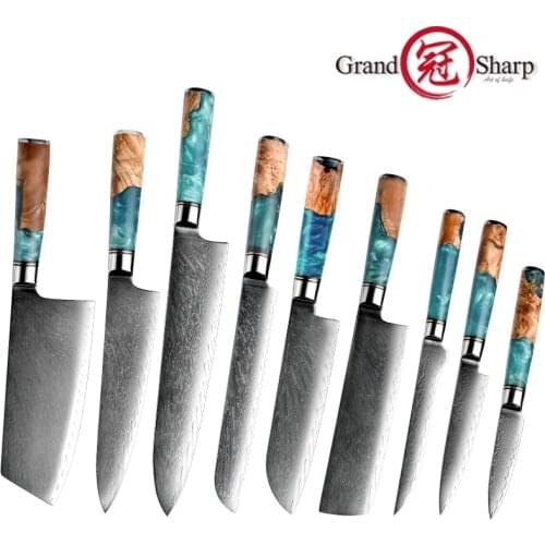 Grandsharp Damascus Kitchen Knife Set vg10 Japanese Stainless Steel Chef Santoku Cleaver Bread Utility Paring Knife Cooking Tool