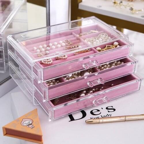 Makeup Organizer Cosmetic Storage Box Transparent Acrylic Box Desktop Jewelry Storage Display Box 3 Drawers With Flannel Tray