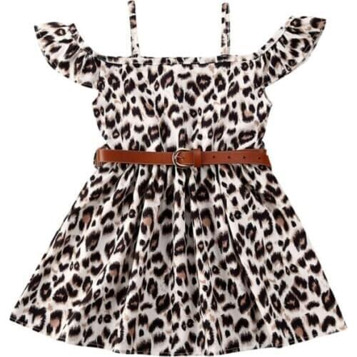 2-6Years Baby Girls Dress Summer Dress Toddler Kids Party Princess off shoulder Leopard Dresses Casual A-line dress with belt
