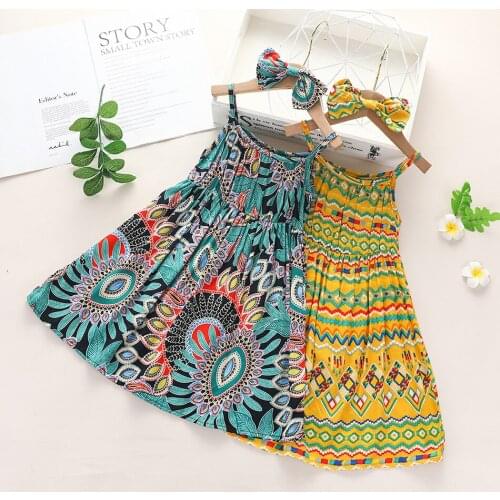 Girls Beachwear Dress With Headband Sleeveless Fashion Print Sling Dresses Backless Sundress Children Suspenders Kids Dress