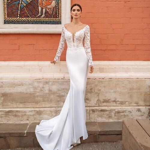 Eightale Boho Wedding Dress Long Sleeves V-Neck Beaded Appliques Mermaid Wedding Gowns Sexy Bride Dresses vestidos de novia