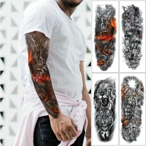 Large Arm Sleeve Tattoo Orange Magma Warrior Waterproof Temporary Fake Tatoo Sticker Skull Phoenix Rose Men Women Full Tatto