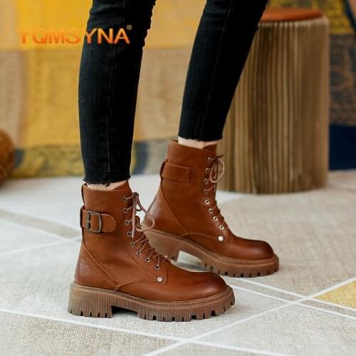 YQMSYNA Casual Womens Boots Genuine Leather Thick Bottom Non-slip Metal Buckle Cross-Tied Boots Round Toe Commute Shoes AS305