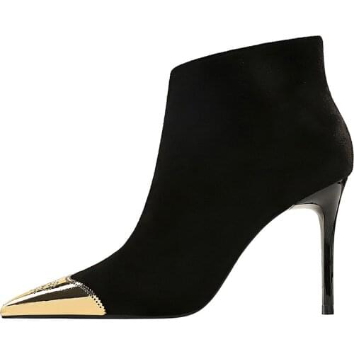 UMMEWALO Ankle Length Flock Boots Women Pointed Toe Thin Heels High Heel Shoes Winter Side Zippper Ankle Boots Ladies Shoes