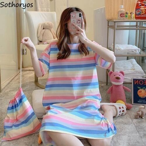 Nightgowns Women Summer Mid-calf 2XL Printed Kawaii Sleepwear Stretchy Students Simple Elegant Korean Style Trendy Outwear New