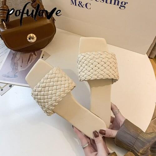 Pofulove Women Flat Slippers French Fashion Slider Summer Cross Weave Luxury Designer Square Non Slip Beach Casual Sandals Shoes