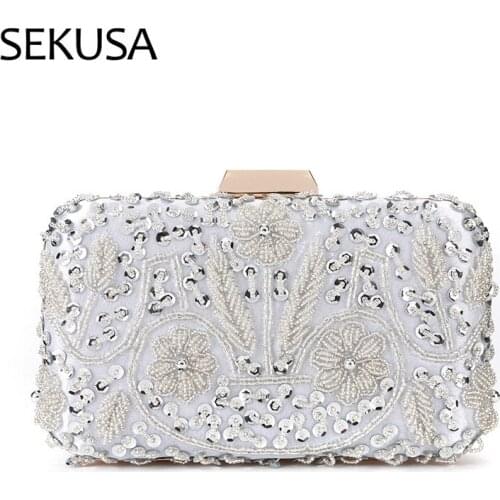 Beading Flower Women Bags Golden Metal Luxury Evening Bags Small Wedding Bridal Handbags Sequined Day Clutch Purse