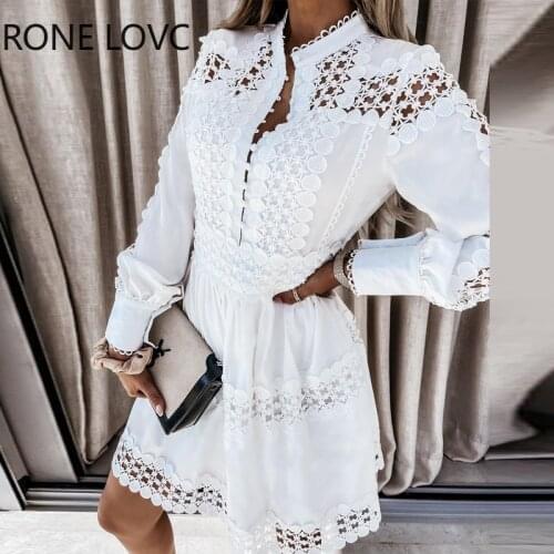 Women Hollow Out Plain Long Sleeve Shirt Dress Casual Dress Summer Mini Dress