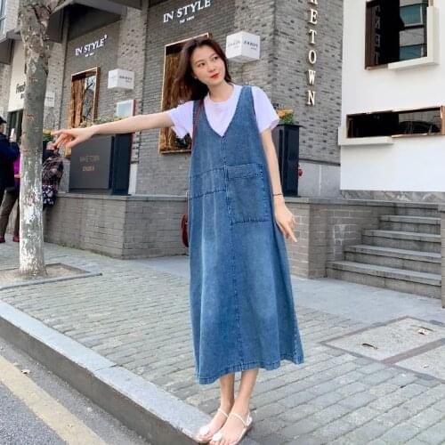 Women Denim Suspender Ddress Loose Plus Size V-Neck Sleeveless Suspender Dress Female Short Sleeve T-Shirt+Jeans Dresses Sets