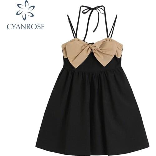 Women Spaghetti Strap Dress 2021 Summer Fashion Korean Chic Sweet Sexy Bowknot Cute Kawaii Bodycon Black Suspender Mini Dress