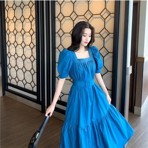 Women Summer Boho Long Dress Vintage Elegant Square Neck Puff Sleeve Slim Waist Holiday Beach Dress Belt Robe Femme Vestidos