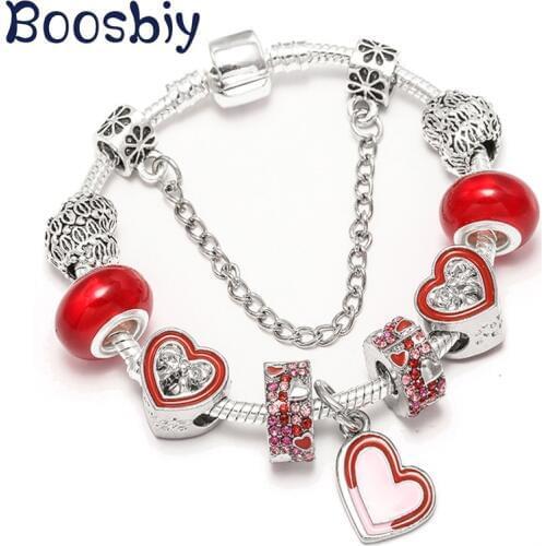 Boosbiy Fashion Silver Plated Charm Bracelet With Heart Beads for Women DIY Crystal Beads Fit Original Brand Bracelets Jewelry