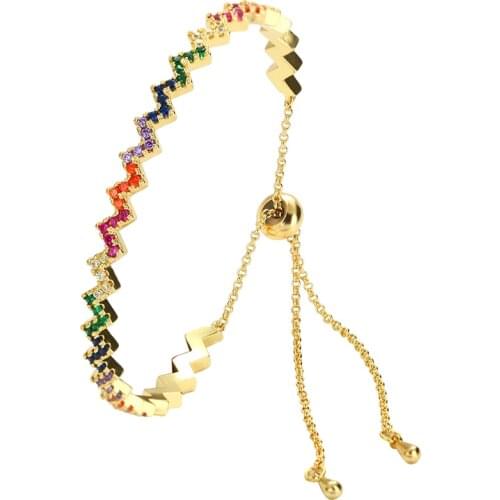 Womens Gold Bangles Bracelets Copper Rainbow Wavy Cubic Zirconia 18K Gold Plated Adjustable Open Bangles Lock Hollow Bangle