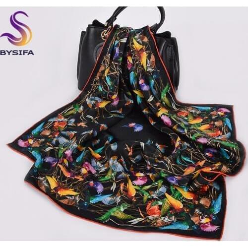 [BYSIFA] Black And White 100% Silk Scarf Hijab Women Brand Bird Design Square Scarves Shawls 68*68cm Fall Winter Neck Scarves