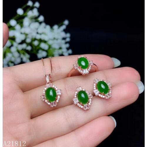 KJJEAXCMY exquisite jewelry 925 Silver-inlaid Natural Hotan Jasper Ring Dropping Ear Nail Set Support Detection