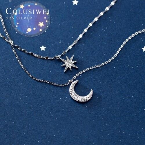 Colusiwei Vintage 925 Sterling Silver Twinkling Zircon Exquisite Lovely Star Moon Double Pendant Necklace for Women Fine Jewelry