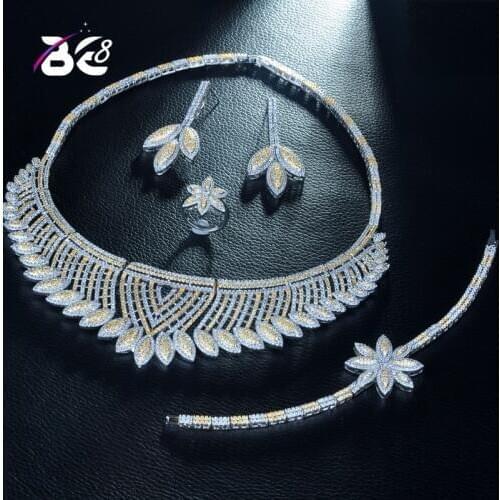 Be 8 Trendy Luxury AAA CZ Bride Jewelry Set Leaf Shape 2 Tones African Necklace Earring Set for Women Wedding Jewelry S252