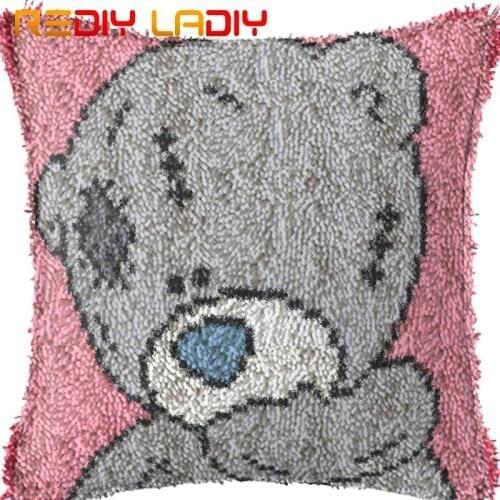 Latch Hook Cushion Shy Grey Bear Pillow Case Acrylic Yarn Sofa Pillow Printed Color Canvas Crochet Cushion Cover Arts & Crafts