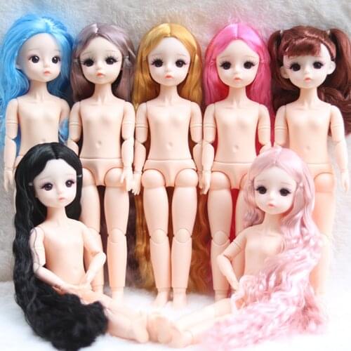 New BJD Dolls 30cm 23 Movable Joints 1/6 Naked Babydoll 3D Eyes Real Eyelashes Big Wavy Long Hair Princess Doll Gifts for Girls