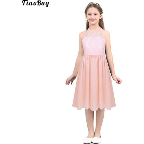 TiaoBug Summer Kids Girls Lace Chiffon Halter Neck Flower Princess Dress For Pageant Wedding Bridesmaid Birthday Party