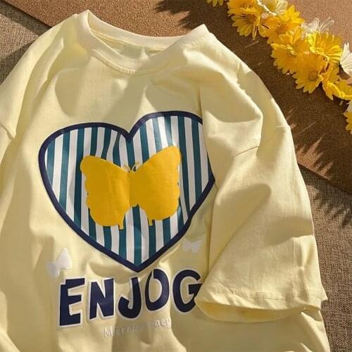 Summer Love Print Short Sleeve Womens T-shirt O-Neck Female Clothing Loose Sweet and Cute Kawaii T-shirt Womens Mid-length Top