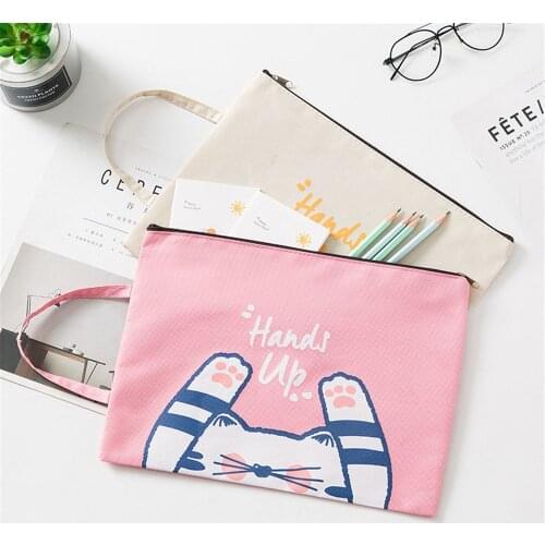 Cute Cat Paw File Bag Cartoon Canvas Zipper Document Bag Large Capacity Handbag Storage Wallets School Office Kawaii Stationery