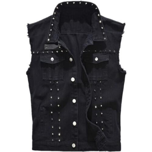 Male Motorcycle Jacket Sleeveless Denim Vest Mens Punk Rock Style Rivet Cowboy Black Jeans Waistcoat Raw Edge Tanks