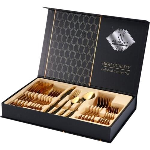 24Pcs Dinnerware Set Gold Cutlery Set Stainless Steel Steak Knife Fork Coffee Spoon Gift Box Flatware Set Kitchen Accessories
