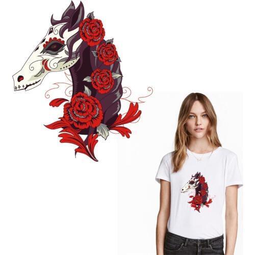 Horse Red Rose Patches Iron On Transfers For Clothing A-level Washable Decoration New Design Stickers Appliqued On Clothes Y-093