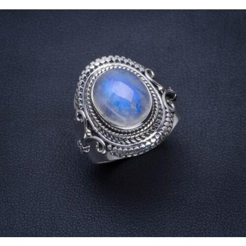 Natural Rainbow Moonstone Handmade Unique 925 Sterling Silver Ring 8.75 B1735