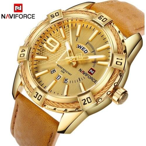 NAVIFORCE Top Luxury Brand Men Leather Gold Watch Mens Quartz Date Clock Man Sports Waterproof Wrist Watches relogio masculino