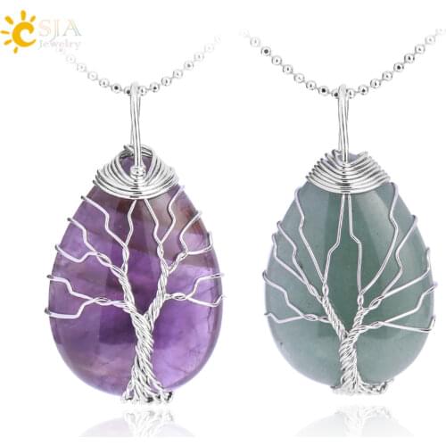 CSJA Tree of Life Necklace Natural Stone Pendant Gold Color Wire Wrap Gem Pink Quartz Tiger Eye Green Aventurine Suspension E585
