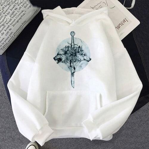 Wolf And Sword Magic Print Hoodie Harajuku Aesthetic White Tops Kpop Hoodies Women 2021 New Winter Fashion Y2k Casual Sweatshirt