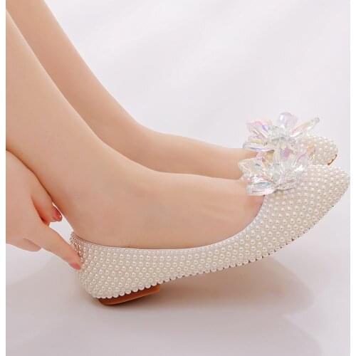 Wedding Shoes For Women Bride White Pointed Toe String Bead Pearl Sweet Brand Women Shoes Slip-on Single Shoe Ballet Flats Sanda