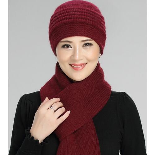 Rabbit Hair Knitted Wool Hat Women Middle-aged Elderly Winter Grandma Cap Mother Warm Soft Fashion Casual Pure Color Scarf H7169
