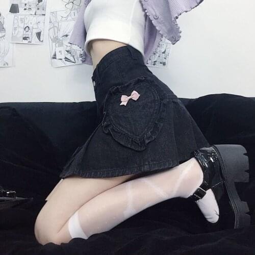 Japanese Gothic Black Skirt Harajuku High Waist Sexy Bow Love Pocket Denim Skirt Streetwear Punk Style Vintage Mini A-Line Skirt