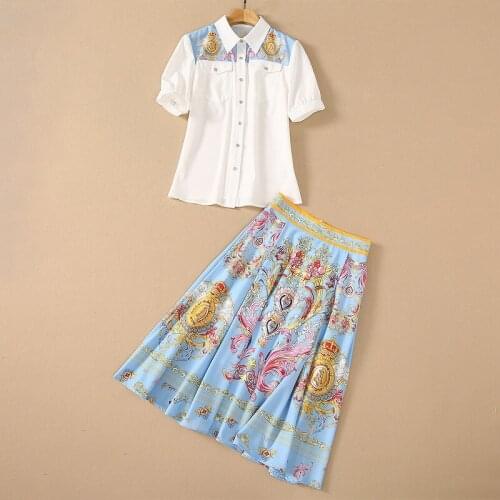 Europe and the United States womens clothing New Summer 2021 Short sleeve shirt Palace print pleated skirt Fashion suits